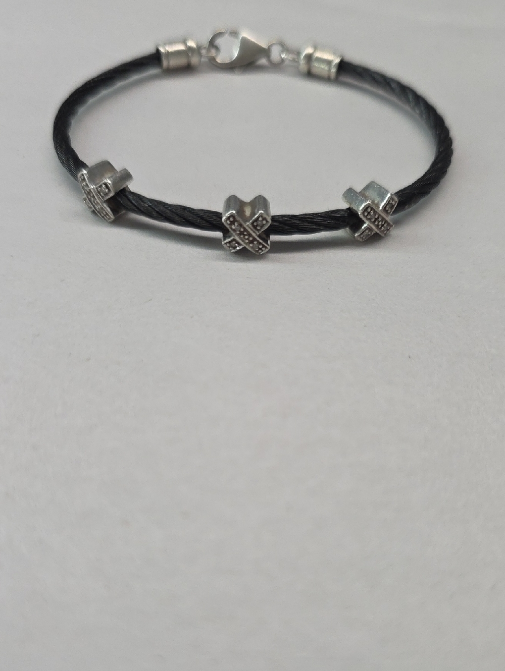 Sterling Silver And Black Stainless Steel Diamond X Station Bracelet PreOwned